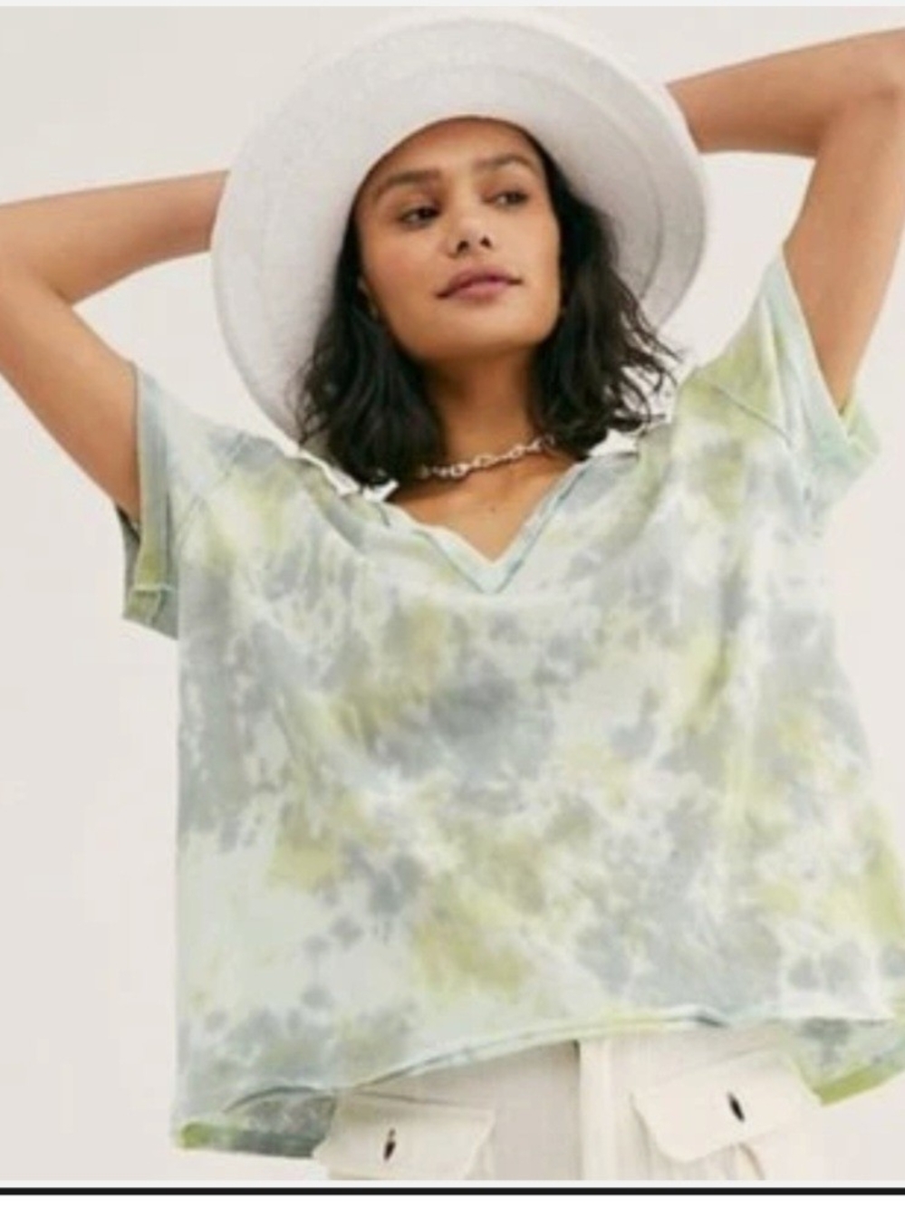 We The Free Sage Green & Light Gray Tie-Dye V-Neck Top